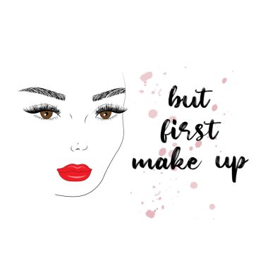 Ama ilk makyaj alıntısı. Güzel kadın yüzü. Uzun siyah kirpikli kız portresi, kahverengi gözlü, kaşlı, kırmızı dudaklı. Vektör Moda Görünümü.