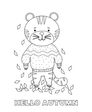 Merhaba Autumn. Sonbahar yaprakları dökülen süveter giymiş kaplan yavruları. Düz stil. Beyaz arka planda boyama kitapları için sevimli çizgi film kaplanının vektör çizimi.