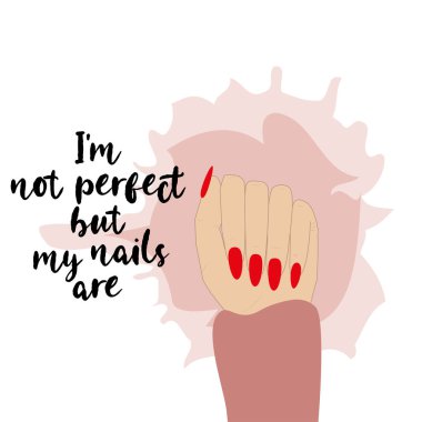 Kırmızı tırnak cilası manikürlü güzel bir kadın eli. Tırnaklar ve manikür hakkında el yazısıyla yazılmış mektuplar. Güzellik salonu, baskı ya da kart için ilham alıntısı.