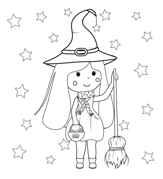 Cadılar Bayramı cadısı elinde süpürge ve sepetle şeker tutuyor. Boyama kitabı için siyah ve beyaz vektör çizimi.