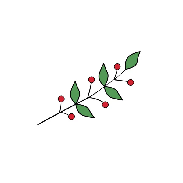 有成熟的红色浆果的植物分枝和有黑色突触的绿色叶子 平面有机设计的自然元素 白色背景下孤立植物装饰物的矢量图解 — 图库矢量图片