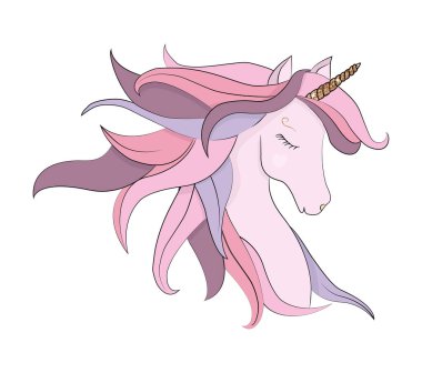 Altın benekli boynuzlu tek boynuzlu at kafası, pembe, mor mavi, pastel renkler ve kapalı gözler. Bebek, çocuklar ve gençler için vektör illüstrasyon perisi yaratığı. doğum günü davetiyesi tasarımı.