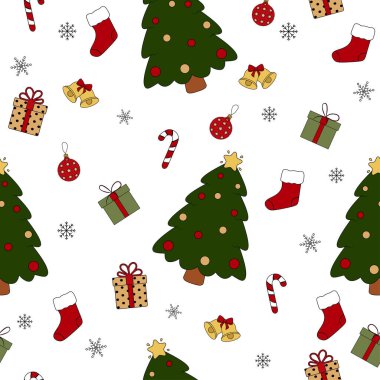 Güzel el çizimi Noel elementleri kusursuz desen. Noel ağacı, çoraplar, hediyeler, top, çanlar, kar taneleri, şekerler. Vektör illüstrasyonu hediye paketi, kağıt, kumaş için harika.