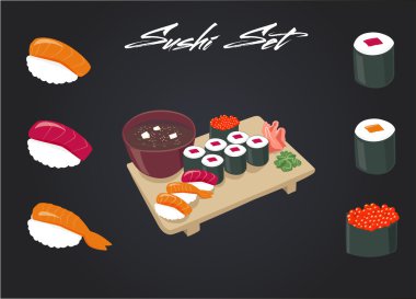 Suşi ayarlayın. Soya sosu ve suşi roll. Japon yemekleri. Vektör karikatür. sonsuza kadar arkadaş.