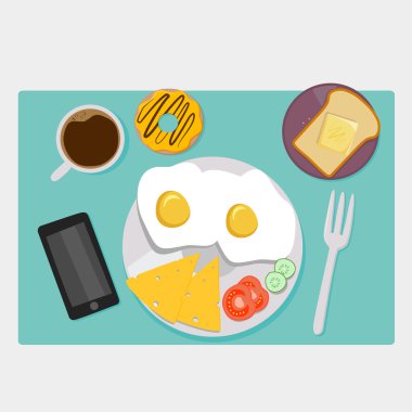 Kahve saati ile kahvaltı simgeler düz