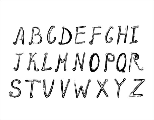 Hand drawn brush ink vector ABC upper and lower case letters set.