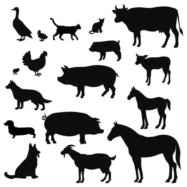 Vector farm animals silhouettes isolated on white. Livestock and poultry icons. Rural landscape with trees, plants, — Stock Vector