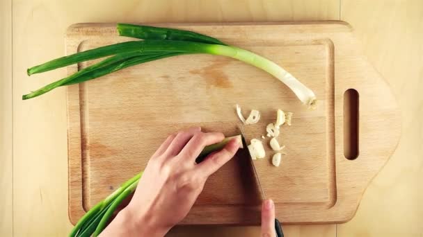 Começando a cortar cebola em tábua de madeira — Vídeo de Stock