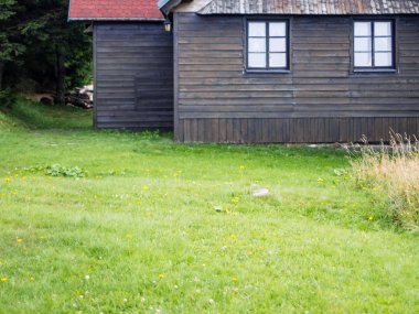 Rustik dağ evi ahşap ön çim ile