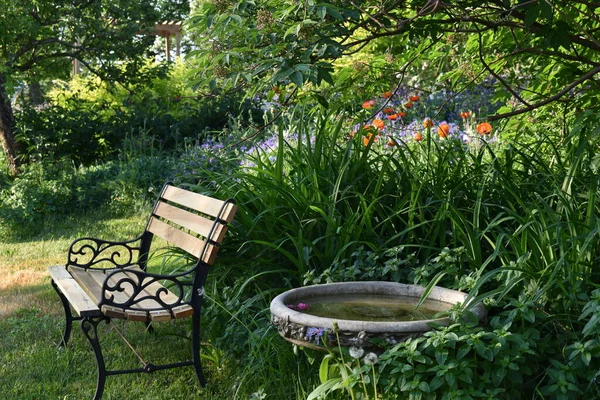 Bahçedeki gölün yanında bir bank.