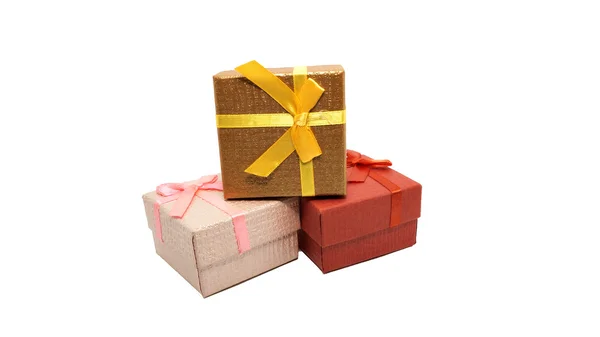 Geschenkdozen van rood, roze, bruin, gouden, bedrijfsconcept. witte achtergrond. — Stockfoto