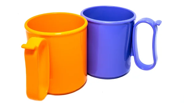 Orange and blue plastic cups — Stock Photo, Image