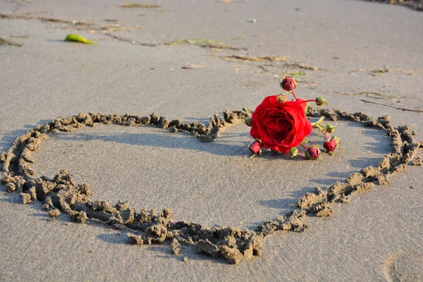 Rosa roja y corazón a orillas del mar — Foto de Stock