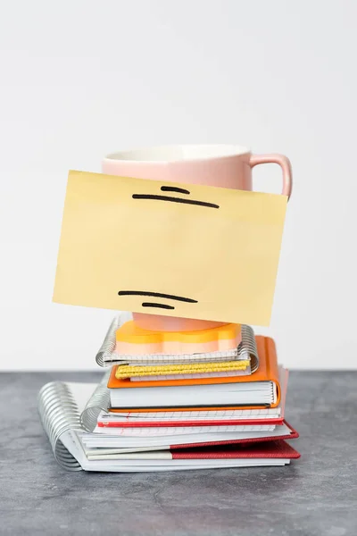 Almofada organizada da nota da pilha, cadernos do pacote, documentos puros da pilha, materiais agradáveis da escrita do arranjo, espaço de trabalho limpo, coleções acadêmicas do negócio do escritório — Fotografia de Stock