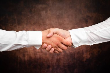 Şirket İş Adamları el sıkışıyor. Profesyonel olarak iyi giyimli iki kişi birlikte hareket ediyor. İş Arkadaşları Sözleşme Anlaşması 'nı imzaladı.
