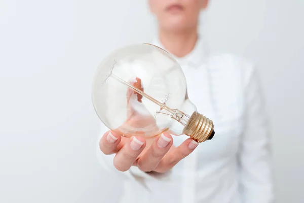 Lady Holding Lamp With Formal Outfit Presenting New Ideas For Project, Business Woman Showing Bulb With One Hand Exhibiting New Technologies, Lightbulb Presenting Another Openion