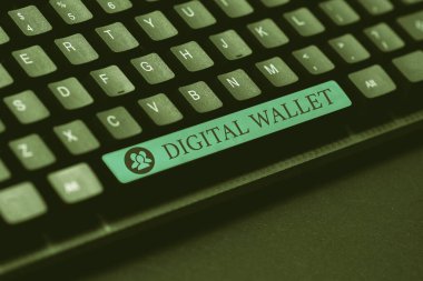 Dijital Cüzdan 'ı gösteren tabela. Konsept, çevrimiçi bir işlem oluşturulmasına izin veren, yararlı günlük bilgileri ve rehberleri yazan, online stratejileri araştıran bir finansal hesap anlamına gelir