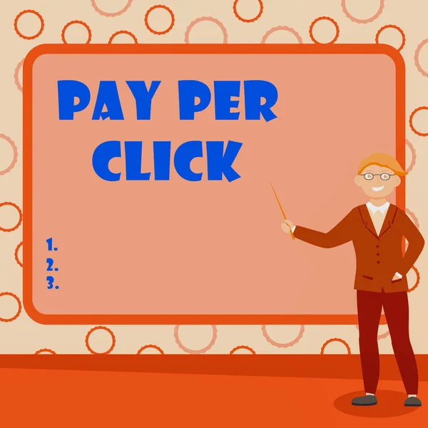Tekst bijschrift presenteren Pay Per Click. Word Written on internet marketing waarin betaling is gebaseerd op clickthroughs Abstract Professor Lezingen geven, uitleggen en rapporteren Concept — Stockfoto