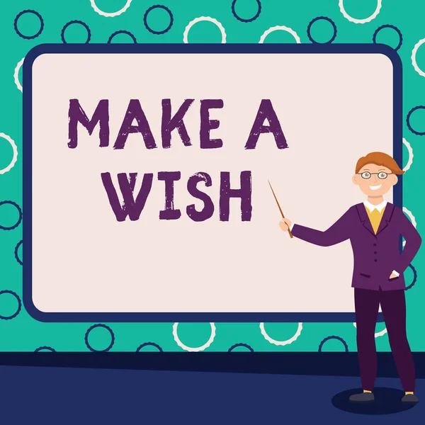 Pantalla conceptual Make A Wish. Idea de negocio para desear una situación diferente a la que existe Profesor Abstracto dando conferencias, explicando y reportando concepto — Foto de Stock