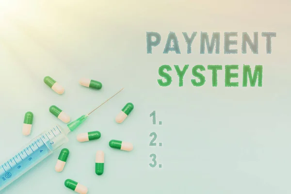Conceptual caption Payment System. Business showcase different transaction method allowing the transfer of fund Prescribed Medicine Vitamines And Minerals Pills And Medical Supplies — Stock Photo, Image