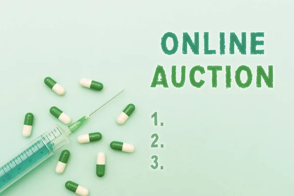 Inspiration showing sign Online Auction. Business concept digitized sale event which item is sold to the highest bidder Prescribed Medicine Vitamines And Minerals Pills And Medical Supplies — Stock Photo, Image