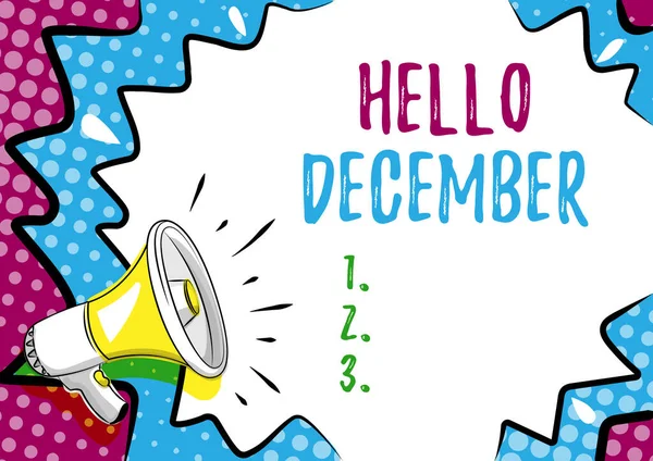 Κείμενο λεζάντα παρουσιάζει Γεια σου Δεκέμβριο. Χαιρετισμός επιχειρηματικής προσέγγισης που χρησιμοποιήθηκε κατά την υποδοχή του δωδέκατου μήνα του έτους Πολύχρωμο Design Εμφάνιση Σημαντικό Μήνυμα, Περίληψη Ανακοινώσεων Νέα — Φωτογραφία Αρχείου