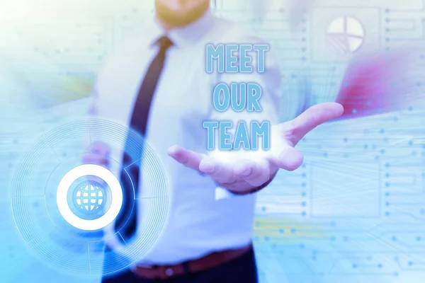 Conceptual display Meet Our Team. Internet Concept introducing another an individual to your team mates in the company Gentelman Uniform Standing Holding New Futuristic Technologies. —  Fotos de Stock