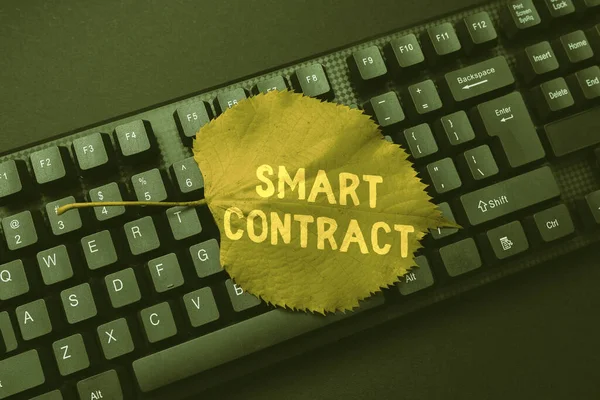 Conceptual caption Smart Contract. Word Written on digital agreement to control the transfer of digital currencies Typing Cooking Instructions And Ingredient Lists, Making Online Food Blog — Stock Photo, Image