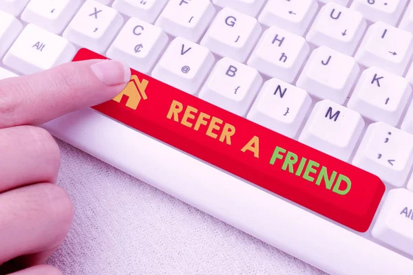 Inspiration showing sign Refer A Friend. Internet Concept direct someone to another or send him something like gift Typing Product Ingredients, Abstract Presenting Upgraded Keyboard — Stock Photo, Image