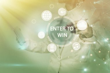 Enter To Win 'i gösteren metin işareti. Ödül için değer değiş tokuşu yapan işletme vitrini. Fotokopi alanı ile ilham verici iş teknolojisi kavramı.