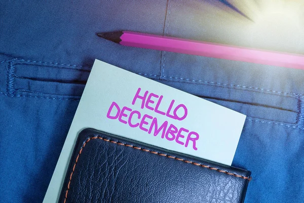 Writing displaying text Hello December. Internet Concept greeting used when welcoming the twelfth month of the year Thinking New Bright Ideas Renewing Creativity And Inspiration —  Fotos de Stock