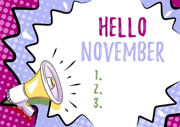 Visualizzazione concettuale Ciao novembre. Concetto che significa saluto usato quando si accoglie l'undicesimo mese dell'anno Colorful Design Visualizza messaggio importante, astratto Annuncio di notizie — Foto Stock