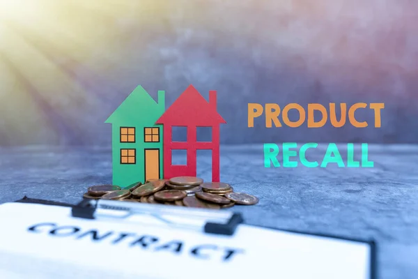 Text caption presenting Product Recall. Business approach request to return the possible product issues to the market Presenting Brand New House, Home Sale Deal, Giving Land Ownership