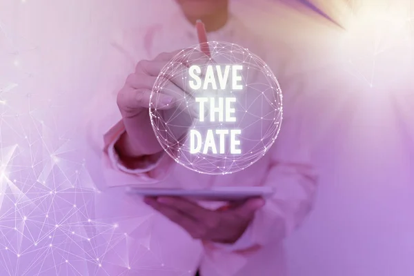 Legenda conceitual Save The Date. Conceito significado Organização de eventos bem fazer dia organizadores de eventos especiais Inspiração conceito de tecnologia de negócios com espaço de cópia — Fotografia de Stock