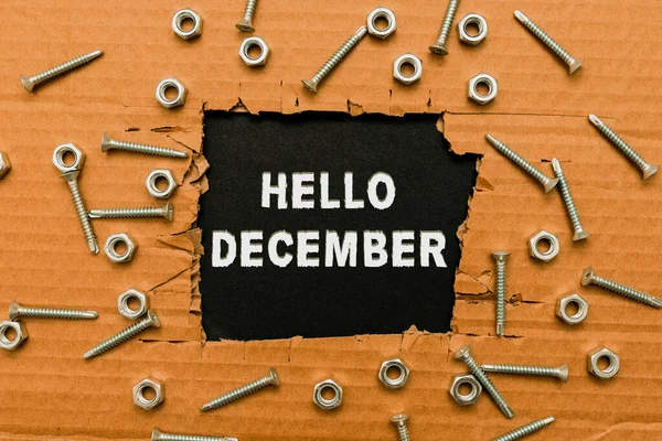 Writing displaying text Hello December. Business idea greeting used when welcoming the twelfth month of the year Smart Office Plans Construction Development And Planning Fresh Start — Foto de Stock