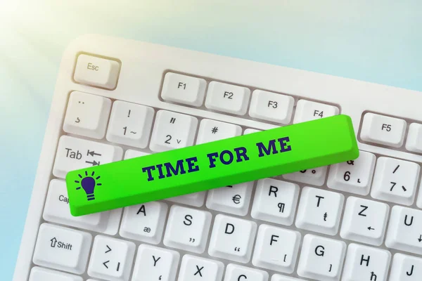 Text sign showing Time For Me. Word Written on practice of taking action preserve or improve ones own health Compiling And Typing Online Research Materials, Sending Chat Messages — Stockfoto