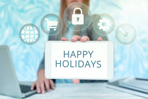 Conceptual caption Happy Holidays. Business showcase observance of the Christmas spirit lasting for a week Business Woman Sitting In Office Holding Mobile Displaying Futuristic Ideas. —  Fotos de Stock