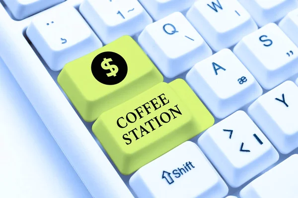 Text caption presenting Coffee Station. Business concept a small, informal restaurant that typically serves hot drinks Typewriting End User License Agreement, Typing New Network Password