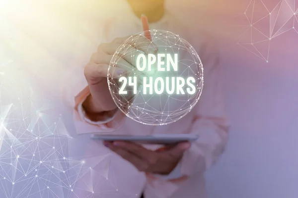 Didascalia di testo che presenta Open 24 Hours. Concetto che significa disponibile tutto il giorno e tutta la notte senza chiusura o arresto Inspirational business technology concept with copy space — Foto Stock