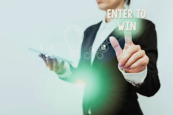 Text sign showing Enter To Win. Word for exchanging something value for prize chance winning prize Inspirational business technology concept with copy space — Stock Photo, Image