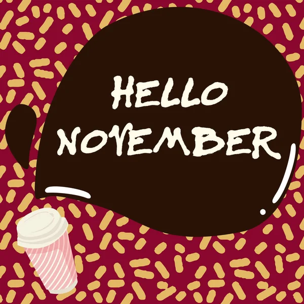 Tekst bijschrift met Hallo November. Business idee begroeting gebruikt bij het verwelkomen van de elfde maand van het jaar Kleurrijk Design Displaying Message, Abstract Coffee Shop Menu — Stockfoto