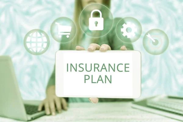 Sign displaying Insurance Plan. Word for includes the risk management that a worker is covered Business Woman Sitting In Office Holding Mobile Displaying Futuristic Ideas. —  Fotos de Stock