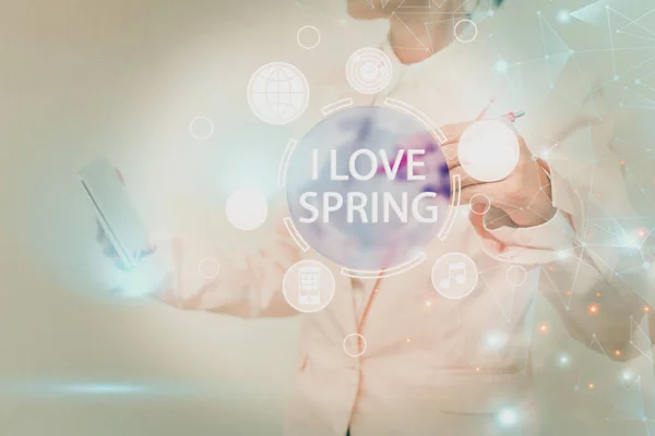 Teken met I Love Spring erop. Word Written on telling why having a strong affection to this season Inspirational business technology concept with copy space — Stockfoto