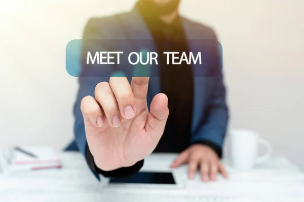 Conceptual caption Meet Our Team. Business concept introducing another an individual to your team mates in the company Presenting Communication Technology Smartphone Voice And Video Calling — Stockfoto