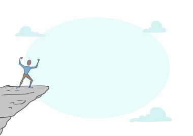 Dağdaki Adam Bulutlara tırmanma başarısı ile gurur duyuyor. Zirveye çıkan başarıyı kutlayan bir kayalıktaki atlet. Gökyüzüne uzanan sporcu..