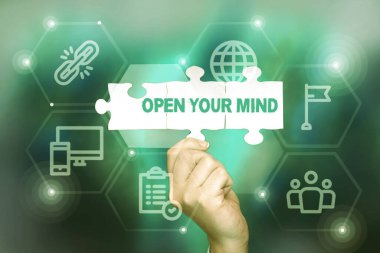 Metin gösterimi yazılıyor Zihnini Aç. Fotokopi alanı ile farklı fikirleri veya düşünme şekillerini anlayabilmek için kavramsal fotoğraf.