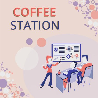 Metin Kahve İstasyonu 'nda sergileniyor. İnternet Konsepti, genellikle sıcak içecekler sunan küçük, gayri resmi bir restoran Proje Raporu, İş Durumu Raporlama