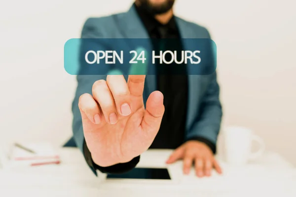 Hand writing sign Open 24 Hours. Business showcase available all day and all night without closing or stopping Presenting Communication Technology Smartphone Voice And Video Calling —  Fotos de Stock