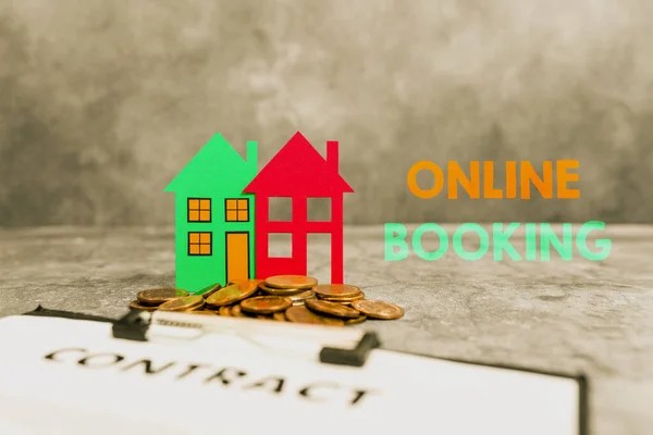 Writing displaying text Online Booking. Business overview allows consumers to reserve for activity through the website Presenting Brand New House, Home Sale Deal, Giving Land Ownership