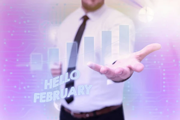 Conceptuele weergave Hallo februari. Internet Concept begroeting gebruikt bij het verwelkomen van de tweede maand van het jaar Gentelman Uniform Standing Holding New Futuristic Technologies. — Stockfoto